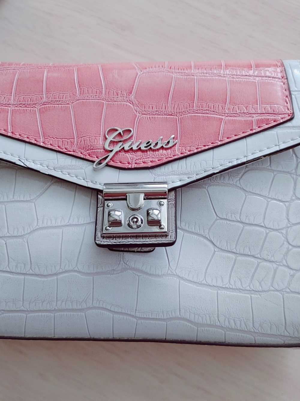GUESS Two-Tone Pink & White Croc-Embossed Envelope Crossbody